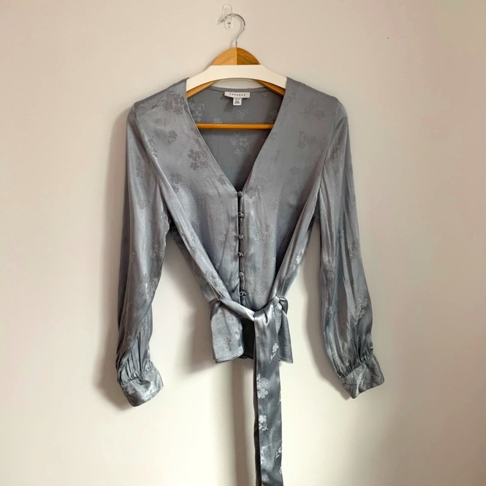 Blue Topshop belted silk blouse